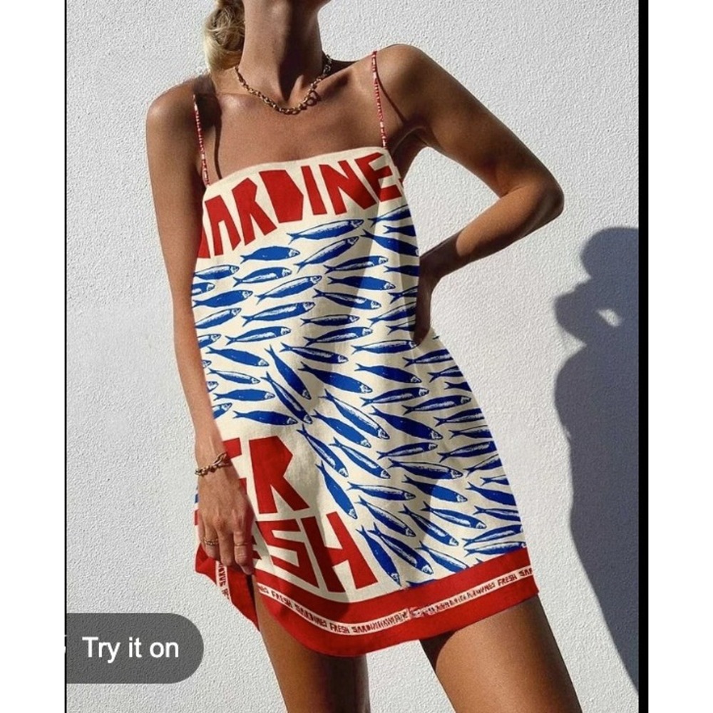 Nice To Meet You Sardine Nautical Fish Print Mini Dress Euro Summer Size XL